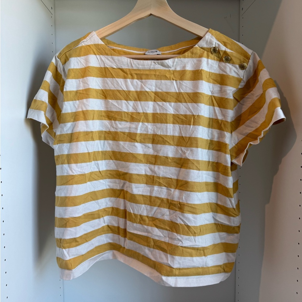 J. Crew Mustard and White Striped Button-Shoulder Tee